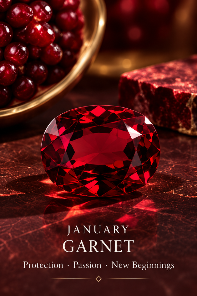 January — garnet; birthstone editorial illustration, not inventory