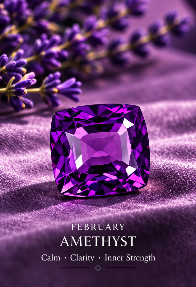 February — amethyst; birthstone editorial illustration, not inventory