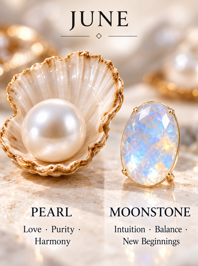 June — pearl and moonstone; birthstone editorial illustration, not inventory