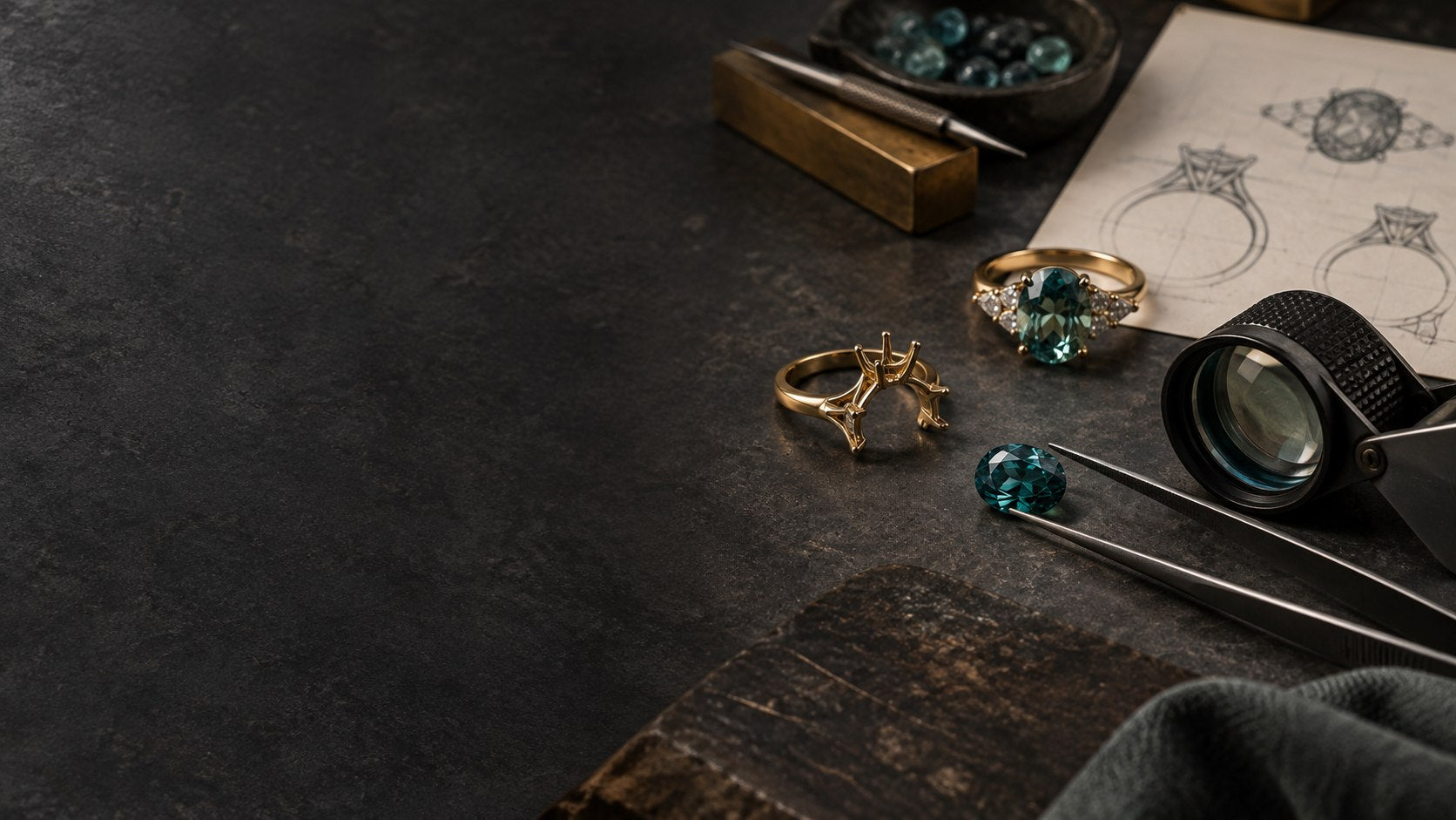 Gemstone sourcing and jewelry design worktable with a loupe, setting and designer sketches
